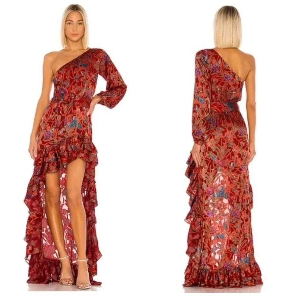 Alexis Marseille Floral Red Gown Maxi Dress One Shoulder High-Low Ruffle size M - Picture 1 of 11